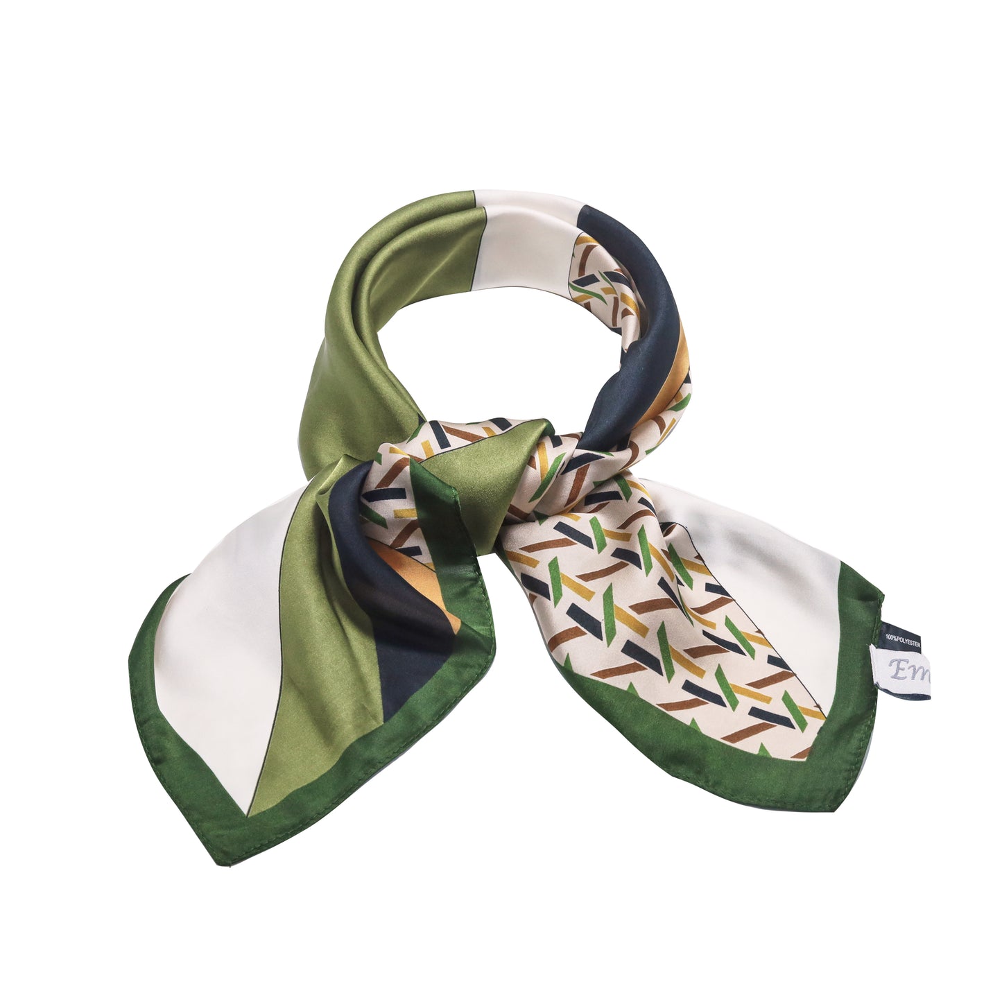 Scarf satin olive green print square 70 x 70 cm