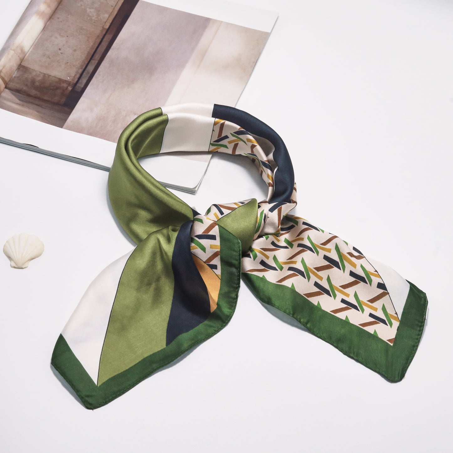 Scarf satin olive green print square 70 x 70 cm