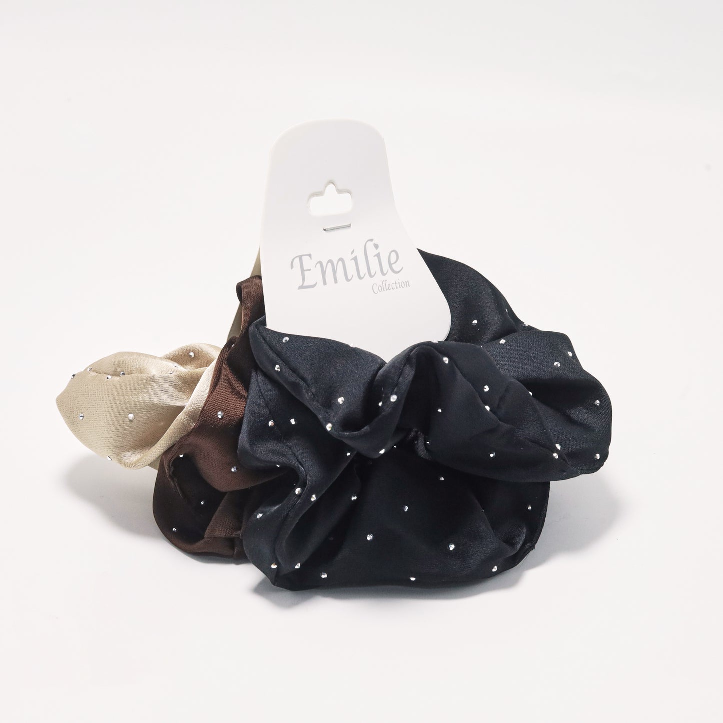 Scrunchie satin glitter rhinestones black brown beige set of 4
