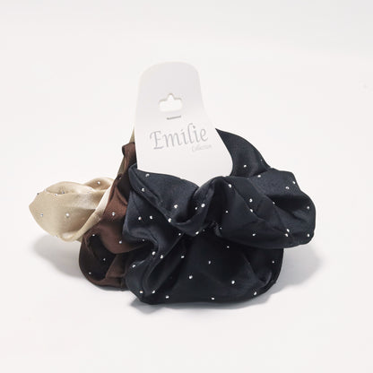 Scrunchie satin glitter rhinestones black brown beige set of 4