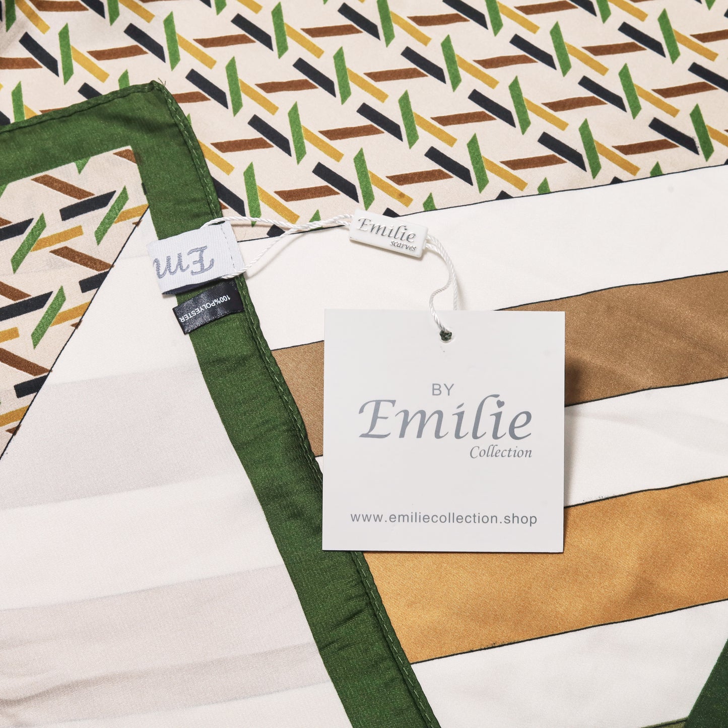 Scarf satin olive green print square 70 x 70 cm