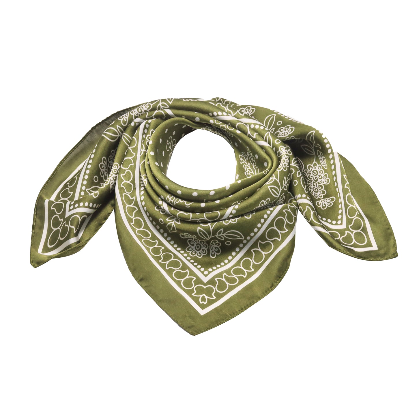 Scarf satin  olive green  print square 70 x 70 cm