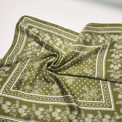 Scarf satin  olive green  print square 70 x 70 cm