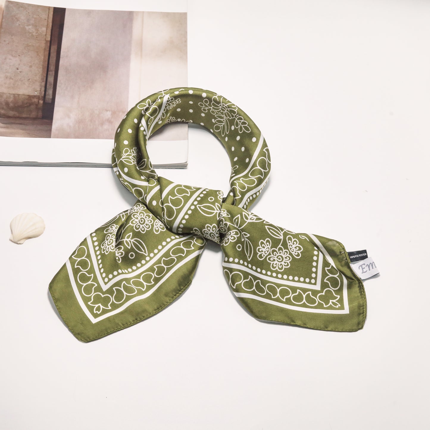 Scarf satin  olive green  print square 70 x 70 cm