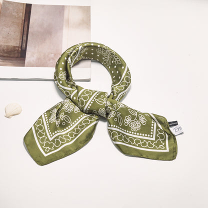 Scarf satin  olive green  print square 70 x 70 cm