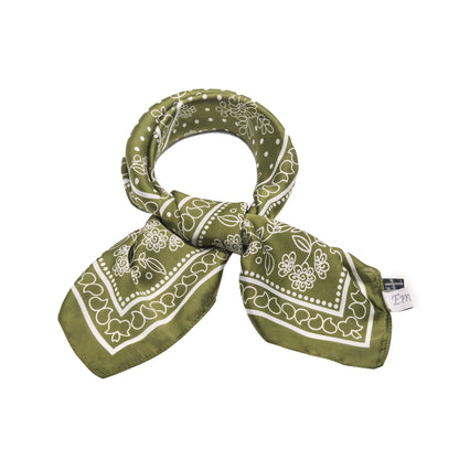 Scarf satin  olive green  print square 70 x 70 cm