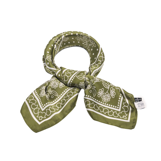 Scarf satin  olive green  print square 70 x 70 cm