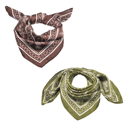 Scarf satin  olive green  print square 70 x 70 cm