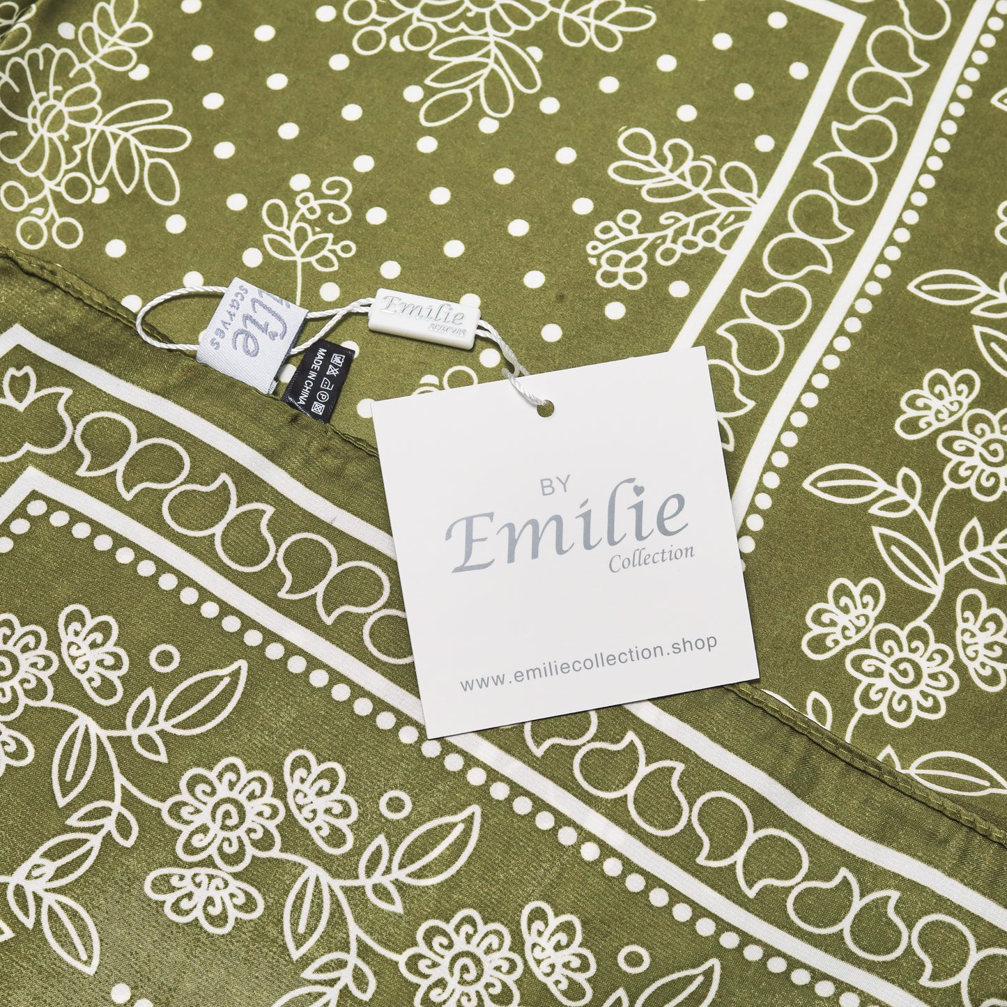 Scarf satin  olive green  print square 70 x 70 cm