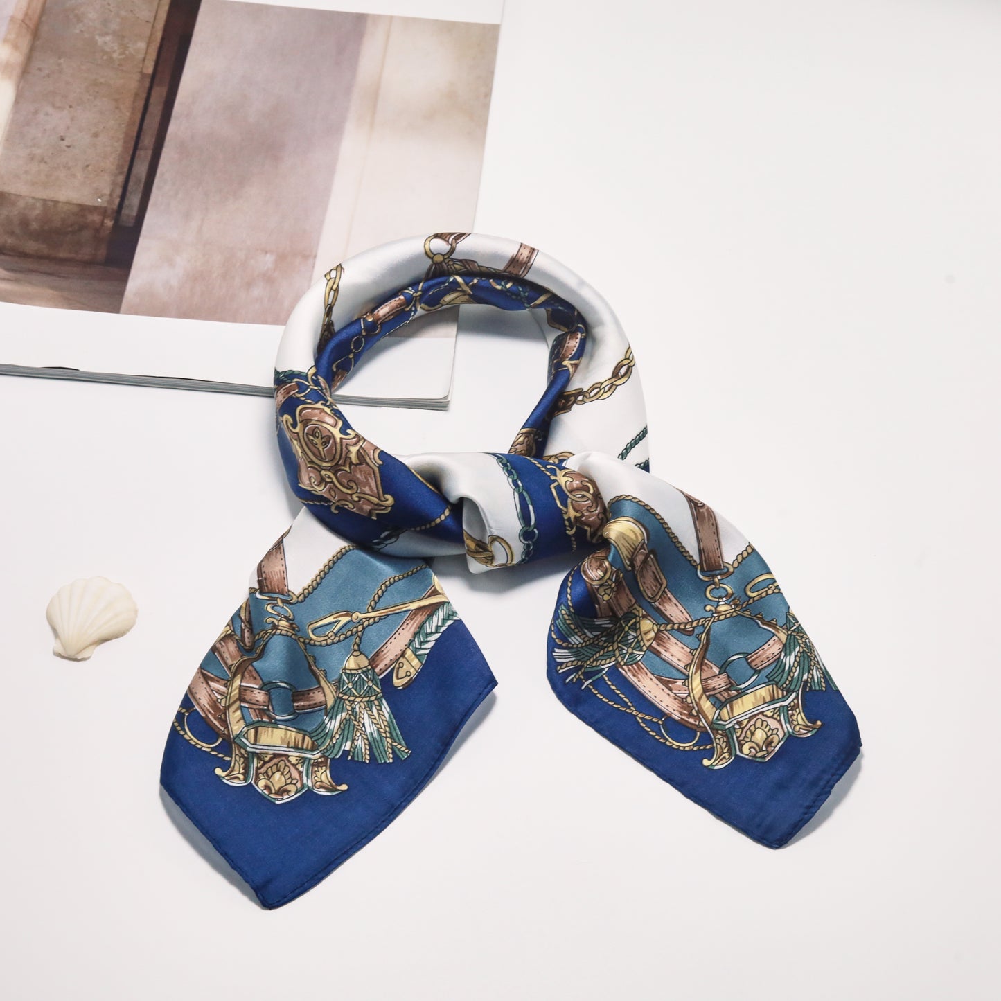 Scarf satin blue print square 70 x 70 cm