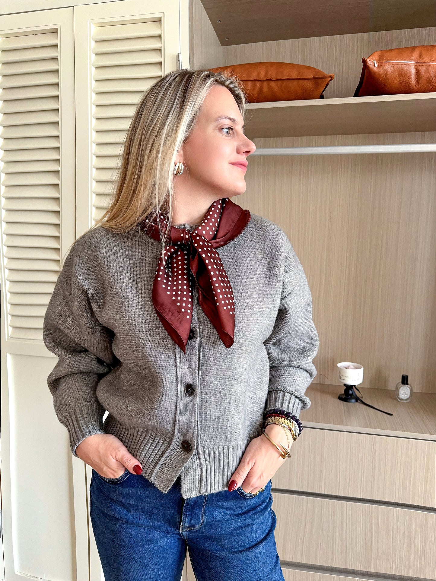 Scarf satin brown dot print square 70 x 70