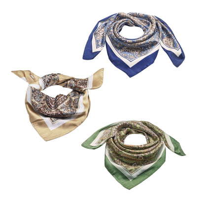 Scarf satin olive green paisley print square 70 x 70 cm