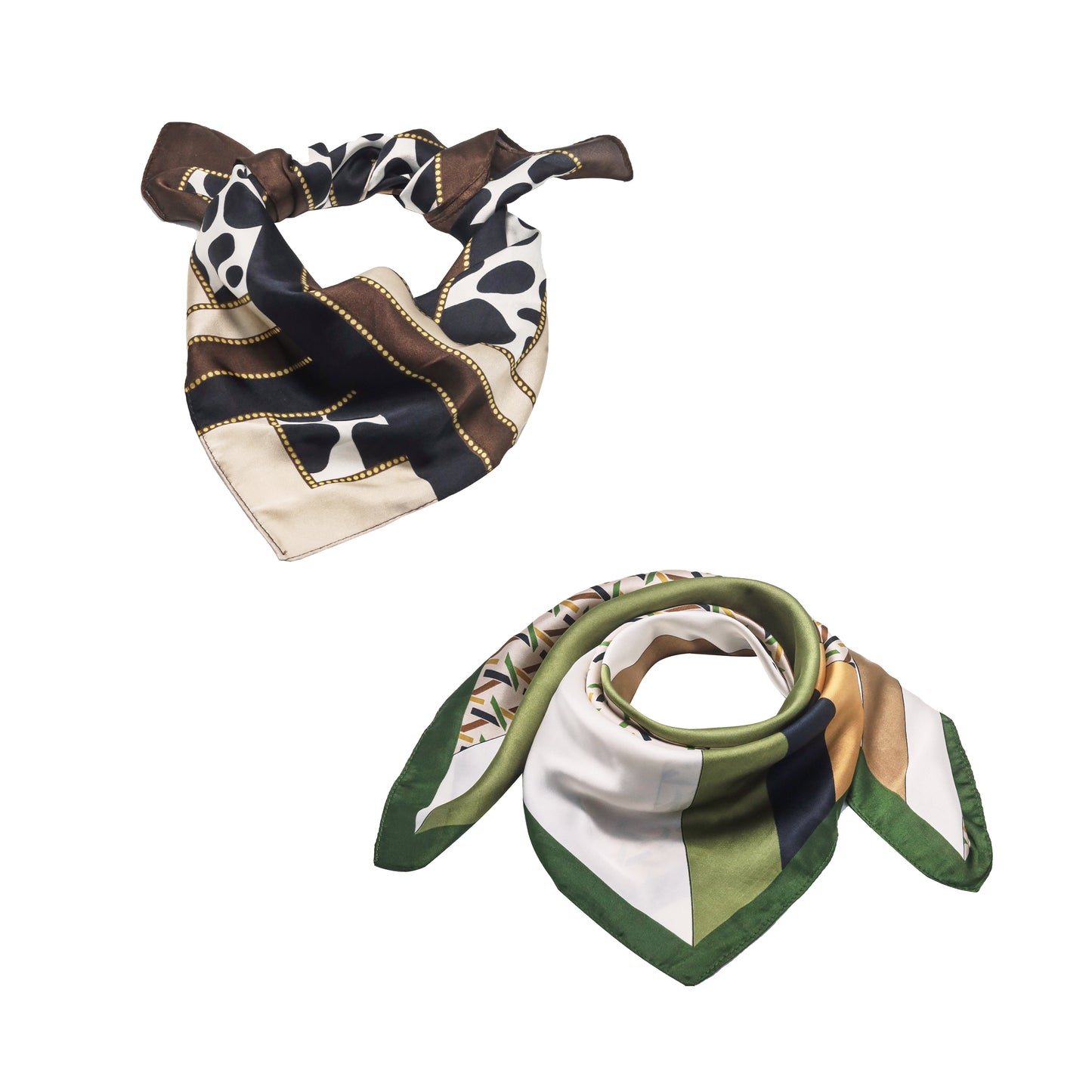 Scarf satin olive green print square 70 x 70 cm