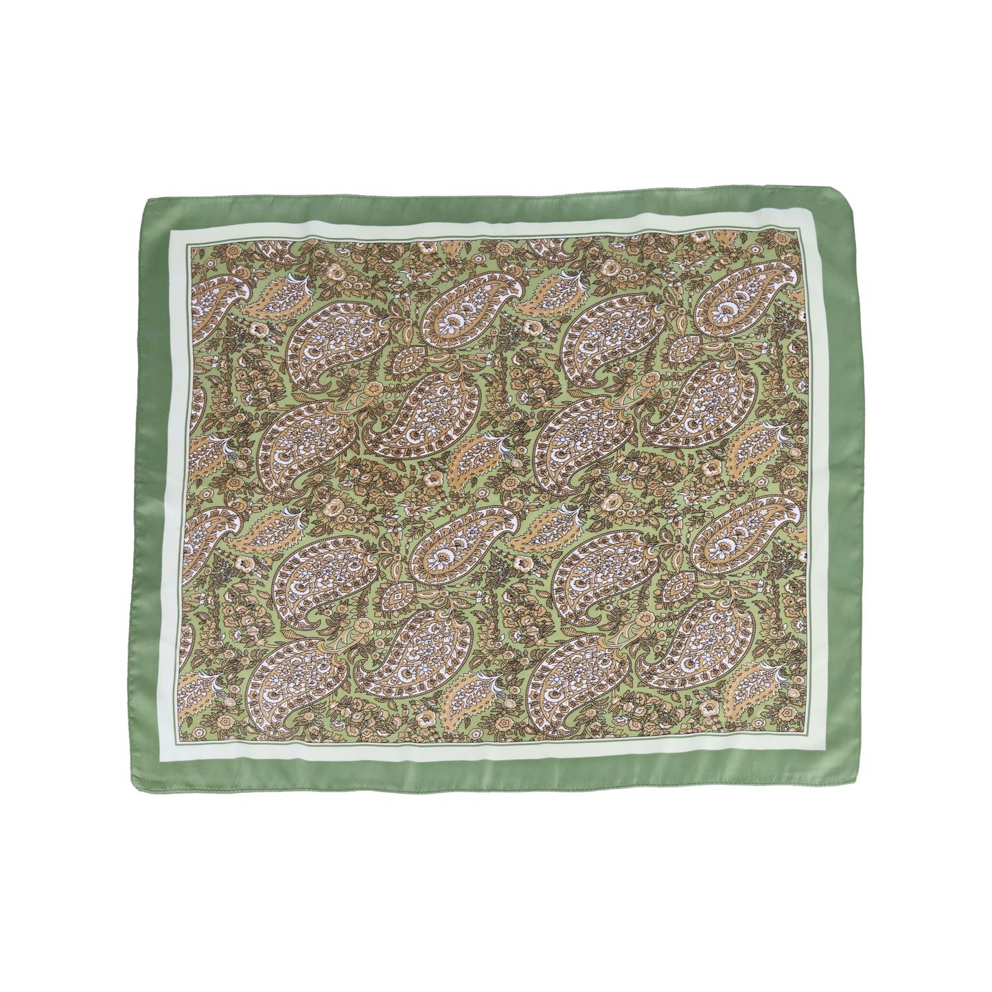 Scarf satin olive green paisley print square 70 x 70 cm