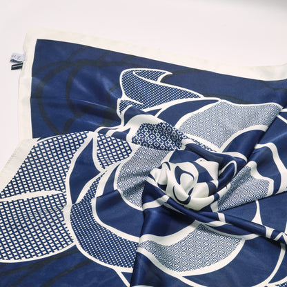 Scarf satin blue flower print  square 70 X 70 CM