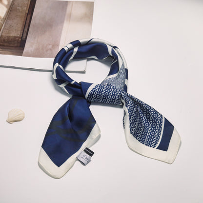 Scarf satin blue flower print  square 70 X 70 CM