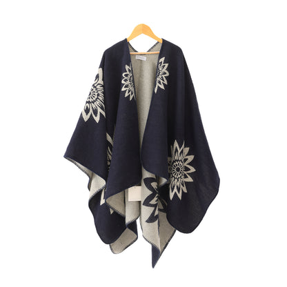 Winter Poncho black flower print