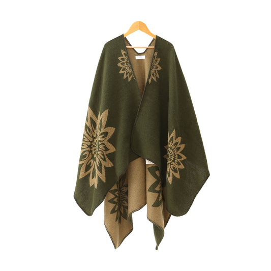 Winter Poncho green flower print