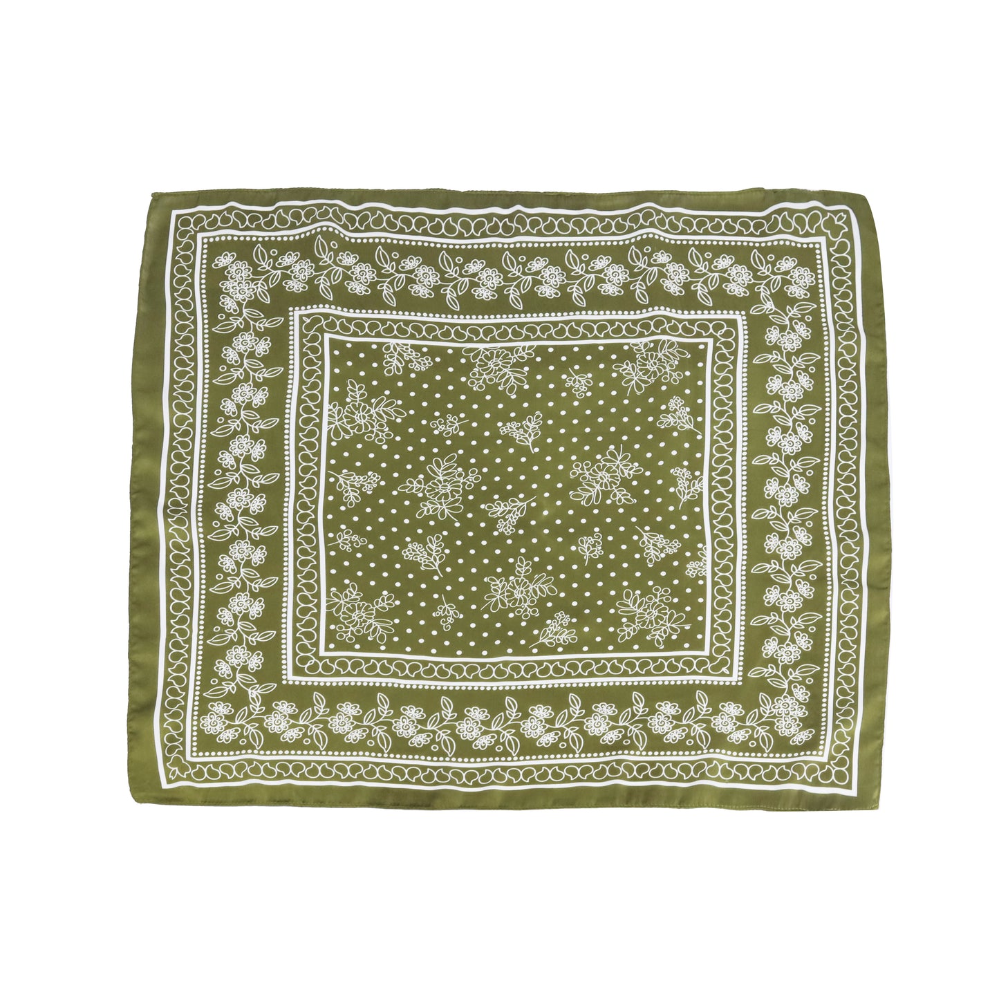 Scarf satin  olive green  print square 70 x 70 cm