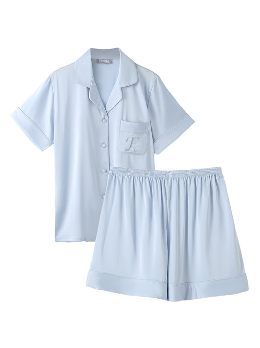 Satijnen Pyjamaset kort | Lichtblauw
