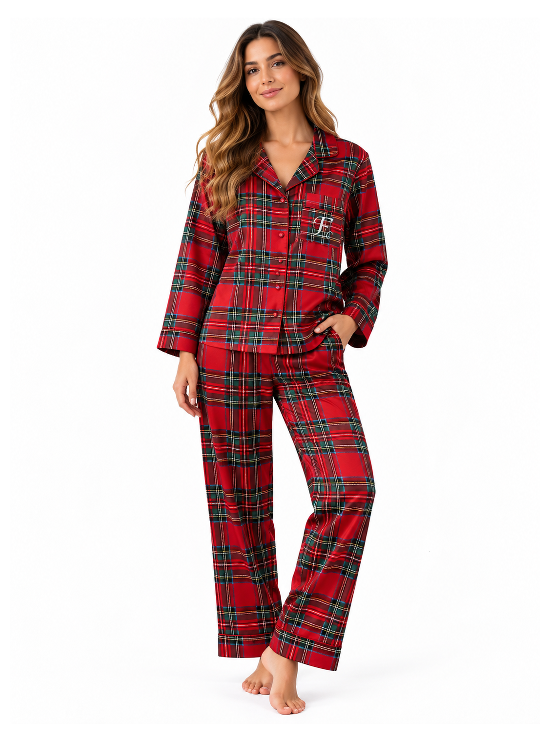 Ensemble pyjama long en satin rouge à carreaux