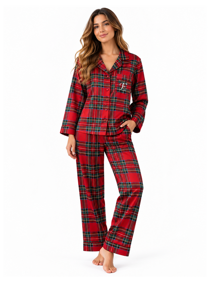 Ensemble pyjama long en satin rouge à carreaux