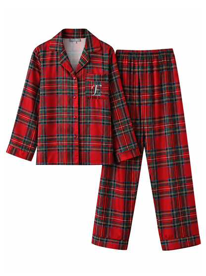 Ensemble pyjama long en satin rouge à carreaux