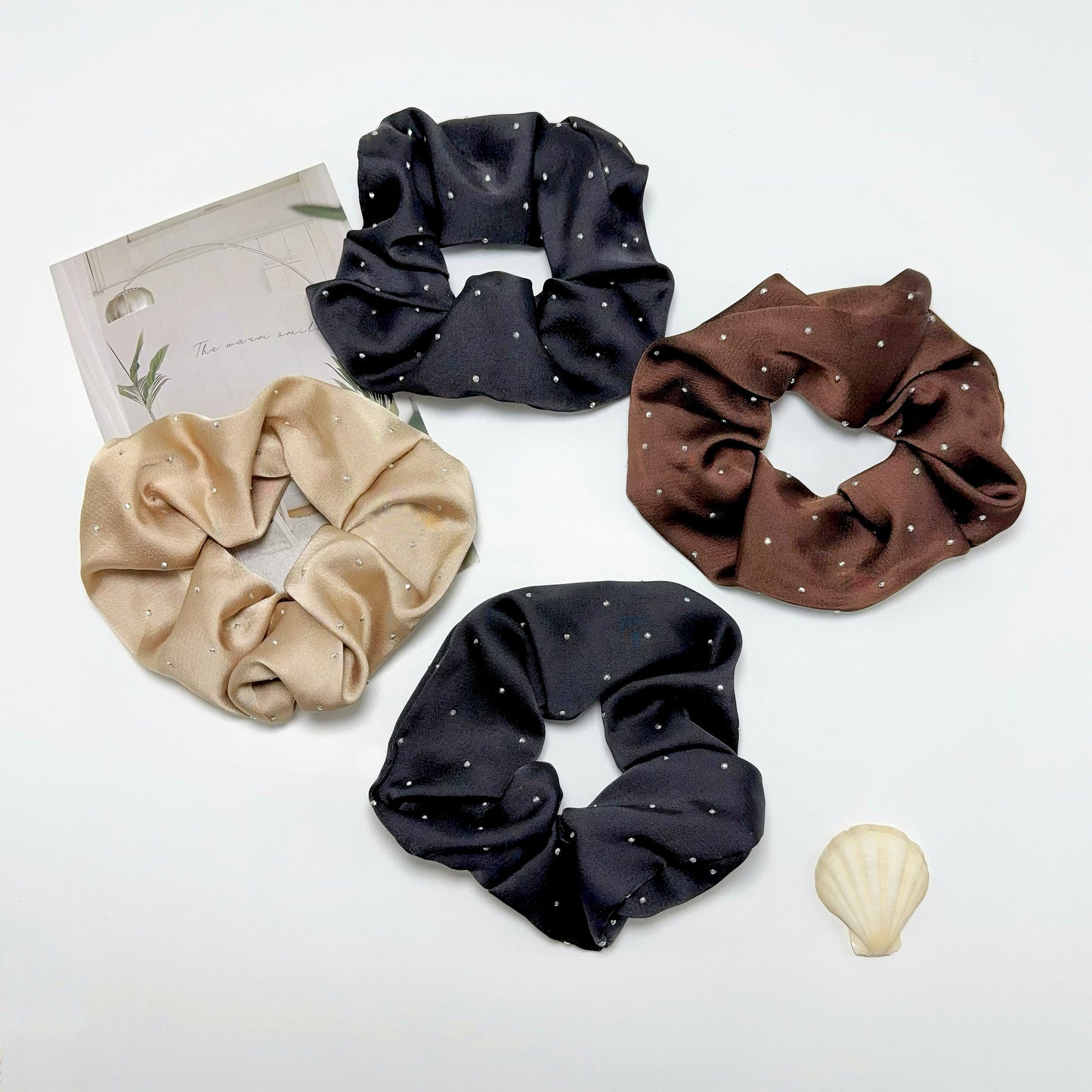 Scrunchie satin glitter rhinestones black brown beige set of 4